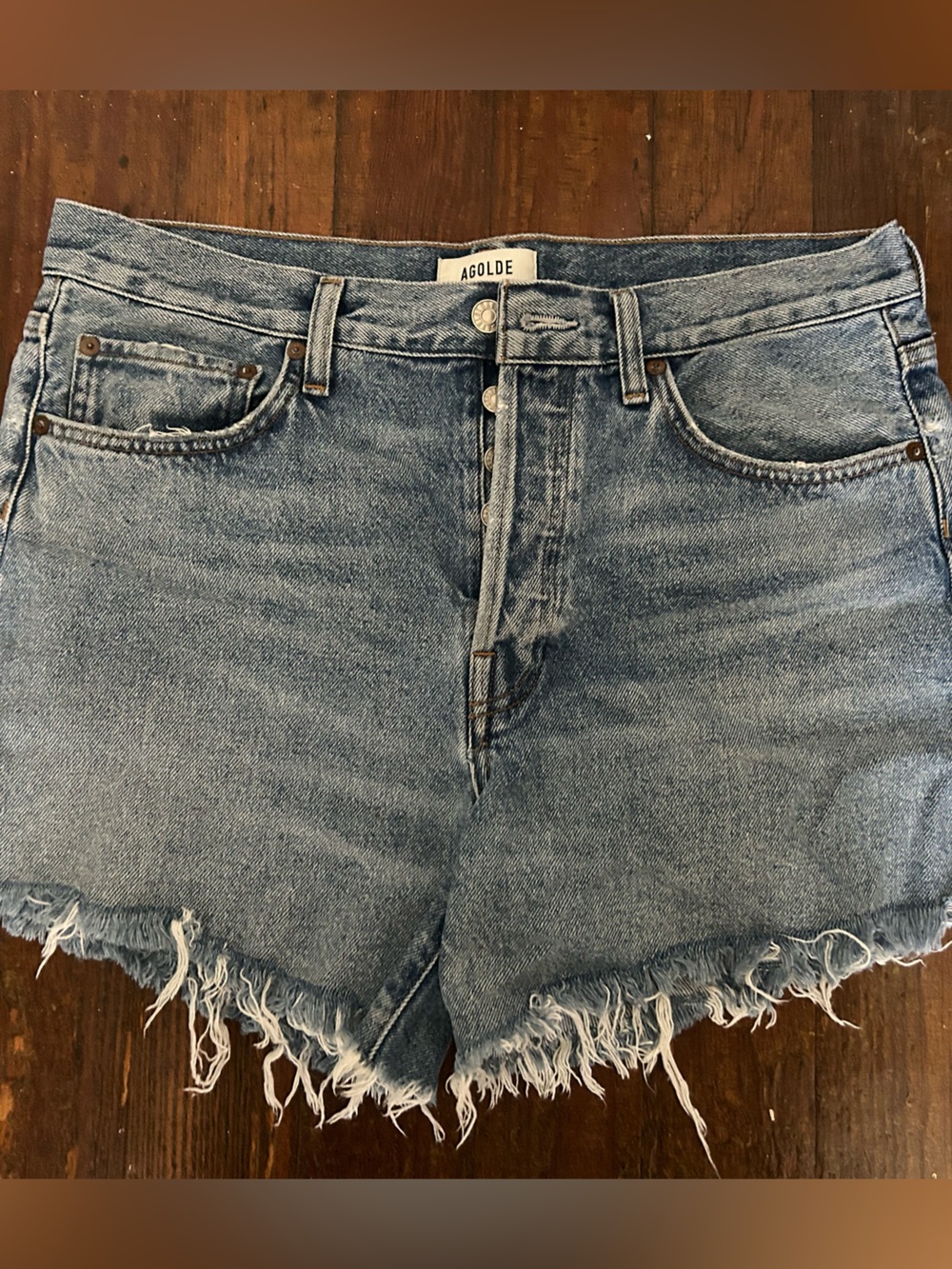 Agolde Light Blue Frayed Hem Denim Shorts